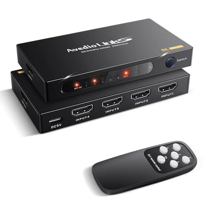 avedio links 8K HDMI2.1 Switch with Remote 5x1, 5 in 1 Out HDMI Splitter with Remote, Auto Switch HDMI Selector Box Support 4K@60Hz, HDCP2.3, HDR, 3D, for PS5, Xbox, Fire Stick, Blu-ray, HDTV