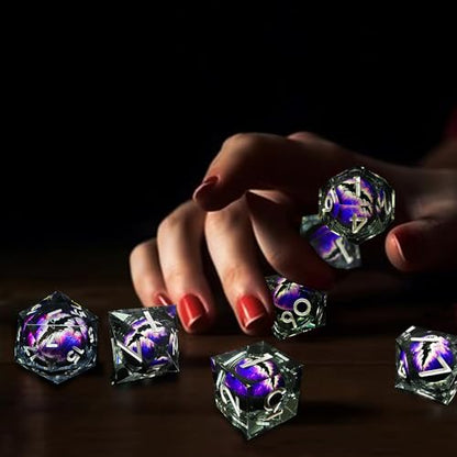 HAOMEJA Resin Dragon Eye DND Dice Set D&D 7 Pcs Resin Sharp Edge Role Playing Dice with Dragon Eye Dice Bag,Polyhedral Dungeons and Dragons Dice D20 D12 D10 D100 D8 D6 D4 (Black & Eye Purple) - color: 7 Eye Purple & Black