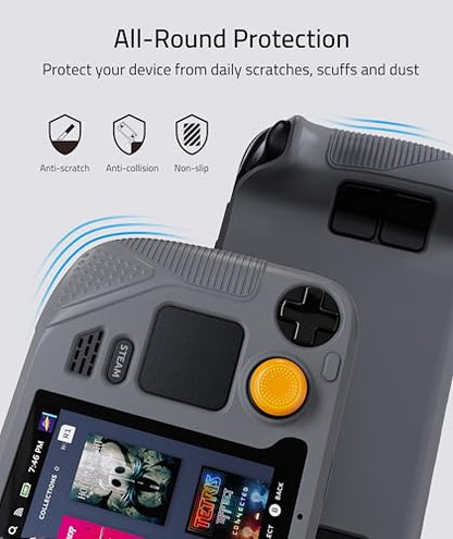 Syntech Protective Silicone Case for Steam Deck OLED & LCD - Gray | Upgraded Zero-Gap Fit Fixes Edge Sagging, All-Round Shock Absorption, Non-Slip Grips & Complimentary Thumb Caps Included - color: Grey
