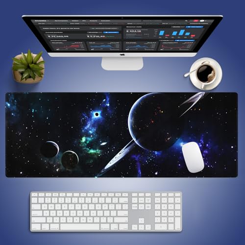 Space Planets Navy Blue Large Mouse Pad, Cosmic Galaxy Fantasy Desk Mat | 31.5" x 11.8", XXL Gaming/Office Stitched Mousepad, Smooth Surface Anti-Slip Base - color: Design WKLXD035
