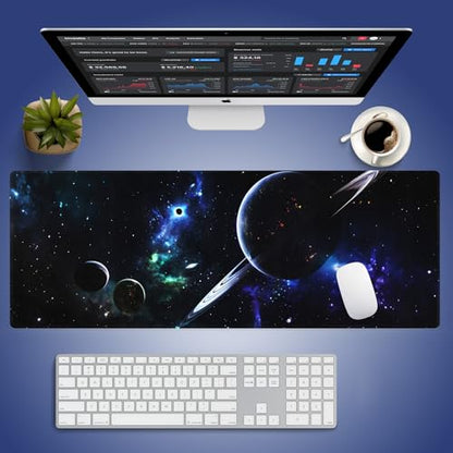 Space Planets Navy Blue Large Mouse Pad, Cosmic Galaxy Fantasy Desk Mat | 31.5" x 11.8", XXL Gaming/Office Stitched Mousepad, Smooth Surface Anti-Slip Base - color: Design WKLXD035