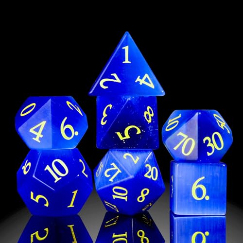 Dark Blue Cat's Eye Crystal DND Dice Set 7 PCS Gemstone Suitable for Dungeons and Dragons D & D RPG Games - color: Dark Blue Cat Eye