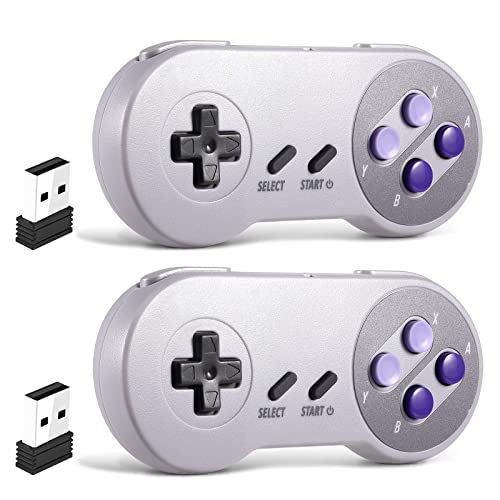 SAFFUN 2 Pack 2.4 GHz Wireless USB Controller Compatible with SNES Games, Retro SNES PC Controller for Windows PC iOS MAC Linux Raspberry Pi Retropie OpenEmu Emulator (Plug & Play) (Rechargeable) - color: Purple/Grey