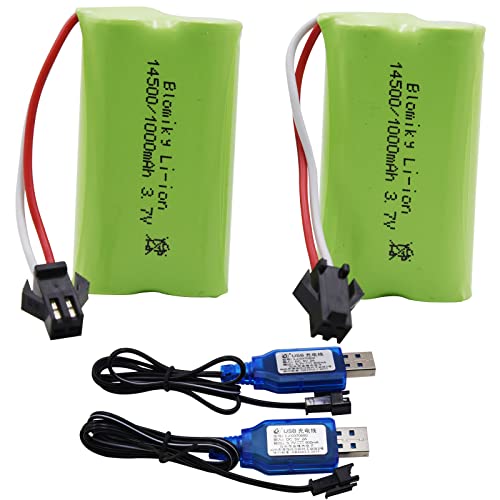Blomiky 3.7V 1000mAh 2 Pack Lithium-ion Rechargeable Battery with SM-2P Plug and USB Cable for Remote Control Trucks / 813A Battery 2