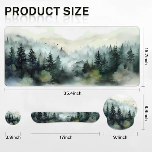 Britimes Green Ink Style Mountain Forest Keyboard Mouse Pad Set 4in1 Large Mousepad+Keyboard Wrist Rest+Mouse Wrist Rest+Coaster Set with Ergonomic Design for Home Office Computer 35.4x15.7 inches - color: Ink Style Mountain Forest