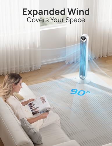 DREO Tower Fan for Bedroom, Upgraded DC 28ft/s Velocity, 20dB Quiet Fan | 9 Speeds Standing Fan, 90° Oscillating Cooling Fan, 4 Modes, 12H Timer, Bladeless Fan Powerful for Home, White - color: White