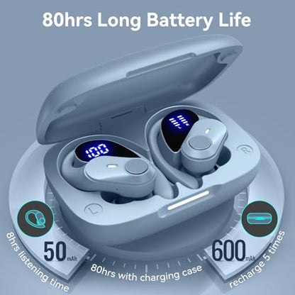 Active Noise Cancelling Ear Buds Wireless Earbuds 80H Playtime Bluetooth Headphones with LED Display Case, Hi-Res Audio Clear Calls Earphones with Over Ear Hooks for Running Gym Workout Sierra Blue - color: Sierra Blue