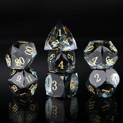 Resin DND Dice Set, 7 Pieces Handmade Sharp Edge Polyhedral Dice for Role Playing Game, Dice Accessory for D&D RPG Players and Starters d4 d6 d8 d10 d12 d20 with Gift Box (Transparent Black) - color: Transparent Black