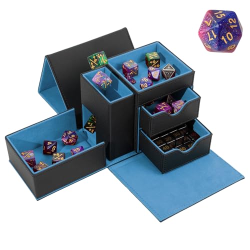 Dice Tray & Dice Tower Storage Box, 3 in 1 Dice Holder Case (Dice Rolling Tray, Dice Rolling Tower, Dice Storage Drawers), Leather Magnetic Closure DND Accessories Gifts for RPG MTG, Black/Blue - color: Black/Blue