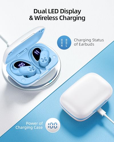 PocBuds Bluetooth Headphones Wireless Earbuds 80hrs Playtime Wireless Charging Case Digital Display Sports Ear Buds with Earhook Deep Bass IPX7 Waterproof Over-Ear Earphones for TV Phone Laptop Blue - color: Blue, style: Standard