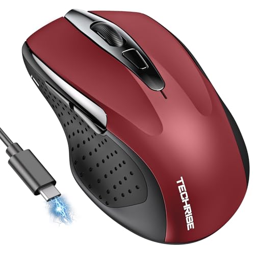 TechRise Bluetooth Mouse (BT5.0/3.0 & 2.4G) Rechargeable Wireless Mouse, 4800 DPI Optical Tracking, 6 Adjustable DPI, 2.4GHz with USB A Receiver, Quiet Clicks, Ergonomic Grips, 6 Buttons - Red - color: Red