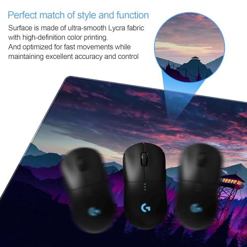 Purple and Black Desk Mat, Mountain Forest Large Gaming Mouse Pad | Washable forest landscape desk pad with 3mm plush cushion, smooth fabric top, and non-slip rubber base - color: Firewatch Tower