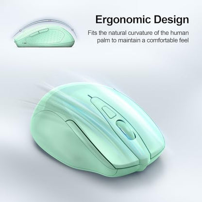 TECKNET Wireless Mouse, BT 5.0/2.4G, Silent 4800 DPI 6 Buttons, Green | Bluetooth 5.0/3.0 & USB A, 2-Device Easy Switch, Wide OS Compatible, 6-DPI, Ergonomic for S/M Hands, Extended Battery - color: Green