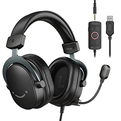 FIFINE Wired Gaming Headset, Gamer Headset with 3.5mm and USB Dual Connectivity, 7.1 Surround Sound, Tuned 50mm Drivers, Detachable Mic, Over-Ear Headphones for PC/PS5/Xbox, Black-AmpliGame H9 - color: Black