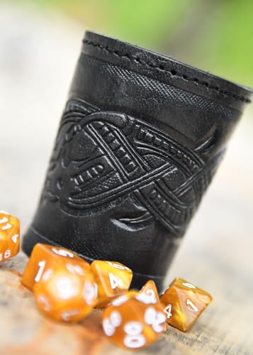 Ulfberth - Viking dice Cup with Embossed Motif - Genuine Leather - Medieval Leather Cup with Engraving (Jelling Style, Black) - color: Jelling, Black