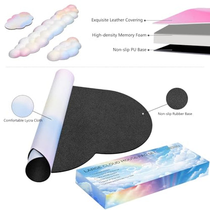JIKIOU Ergonomic Keyboard Wrist Rest &Large Mouse Pad&Mouse Wrist & Cup Pad | Cute Cloud Shape, 4 in 1 Memory Foam Desk Mat, Ultra-smooth Surface, Savior of Wrist Pain, Anti-slip Rubber Base, Waterproof - color: 01Rainbow