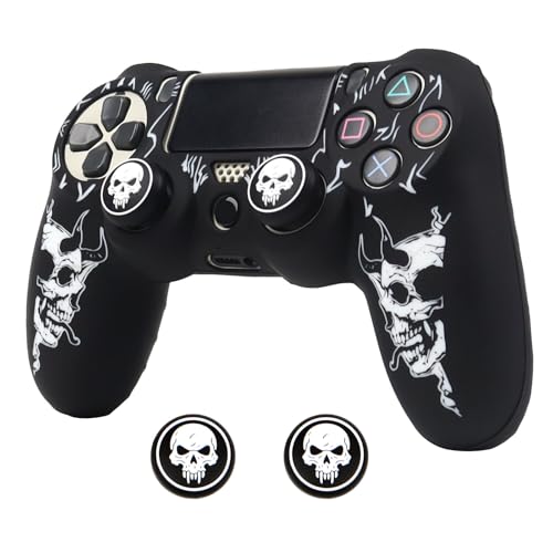 RALAN Horned Skull Head Design Controller Skin Cover with 2 Thumb Grips Compatible with PS4/Playstation 4 Slim/Pro Controller - color: Horned Skull Black White