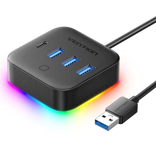 VENTION 4 in 1 USB Hub with RGB Light, 5Gbps USB A Splitter with USB 3.2 Gen 1×Type-C, USB A 3.0×3 Data Ports and 1×5V/2A Power Port for Laptop/MacBook/Keyboard, 0.5M - size: 1.6FT