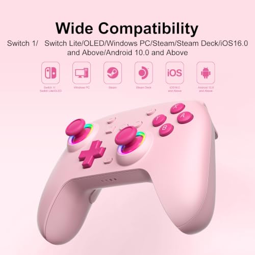 SIMGAL Wireless Controller for Switch/PC, Breathing LED, Pink | Wireless gamepad with 6-axis gyro/dual vibration/ergonomic, Switch Lite/OLED/Steam Deck/PC compatible, bluetooth/wired
