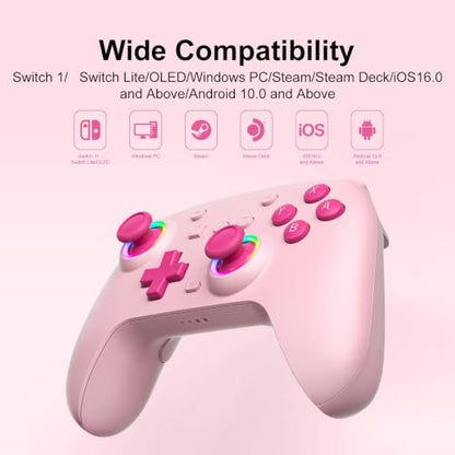 SIMGAL Wireless Controller for Switch/PC, Breathing LED, Pink | Wireless gamepad with 6-axis gyro/dual vibration/ergonomic, Switch Lite/OLED/Steam Deck/PC compatible, bluetooth/wired