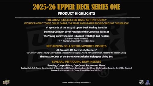 2025 2026 Upper Deck Series One Hockey Unopened Blaster Box of Packs with a Young Guns Rookie Card, an OPC Glossy Card, an Encore Insert and Green Dazzler Card Plus