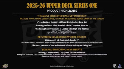 2025 2026 Upper Deck Series One Hockey Unopened Blaster Box of Packs with a Young Guns Rookie Card, an OPC Glossy Card, an Encore Insert and Green Dazzler Card Plus