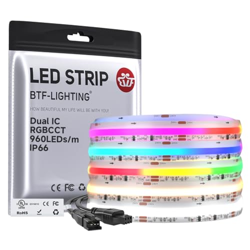BTF-LIGHTING WS2811 Dual IC RGBCCT FCOB COB LED Strip,UL Listed High Density Chasing IC RGB Light+Tunable White 3000K-6000K,16.4FT 960LEDs/m,12mm Width IP66 DC24V 3M Tape(No Adapter or Controller) - size: 16.4FT IP66