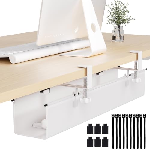 Under Desk Cable Management Tray 27.2" - No Drill Computer Wire Organizer Cable Tray, Cord Hider Clamp Mount with 16X Cable Ties PC Cables Management Cord Holder for Office/Home (Upgrade Fabric,White) - color: White, size: 27.2"