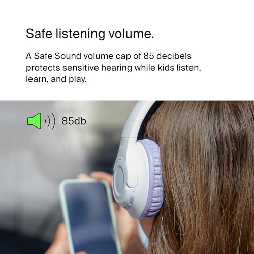 Belkin SoundForm Inspire Bluetooth Kids Headphones, 35H Battery Life | Over-ear wireless headset, built-in mic, 85dB safe volume limit, online learning, travel, iPad, iPhone, Galaxy - color: Lavender, style: Wireless