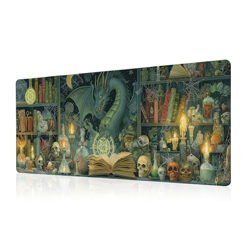 Dark Dragon Mouse Pad Desk Mat XL Extended Large Gaming Desk Pad Mousepad, Mysterious Library Computer Laptop Keyboard and Mouse Mat, Desktop Protector Mat for Office and Home 31.5x11.8 in - color: Dragon