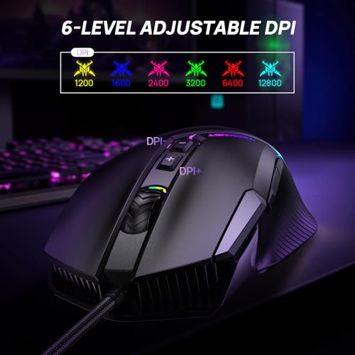 TECKNET Wired Gaming Mouse, 12,800 DPI with Optical Sensor, 8 Programmable Buttons, 13 RGB Backlit Modes, Ergonomic Design, Custom Software Gaming Mice for Laptop,PC - color: Black