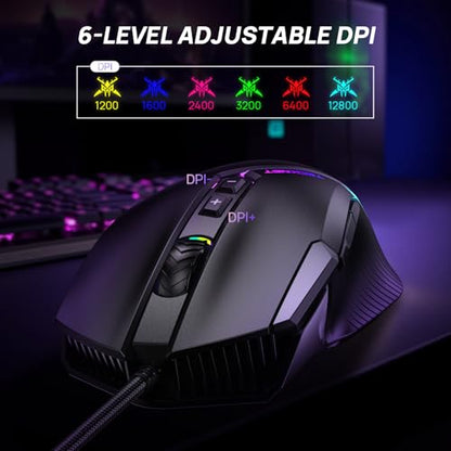 TECKNET Wired Gaming Mouse, 12,800 DPI with Optical Sensor, 8 Programmable Buttons, 13 RGB Backlit Modes, Ergonomic Design, Custom Software Gaming Mice for Laptop,PC - color: Black