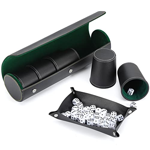 PU Leather Dice Cup Set with 5 Leather Dice Cups+25 Dice Velvet Interior Quiet in Shaking for Liars Dice Farkle Yahtzee