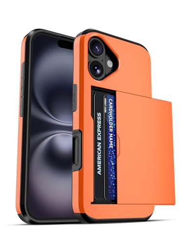 Jiunai for iPhone 16 Case Wallet Holds 2 Cards Slide Card Pocket Orange | Pocket for IDs Credit Access Cards License, Shockproof Protective Phone Cover for iPhone 16 6.1" Women Men Teen School Work - color: Orange, size: for iPhone 16 6.1''