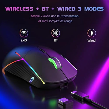 FFJ Wireless Gaming Mouse, 24000 DPI, Rechargeable Gaming Mice for PC, Mac | Tri-Mode 2.4G/USB-C/Bluetooth 5.3 Gaming Mouse Wireless, RGB Programmable Mouse Gamer, 75Hrs Battery Life, Black