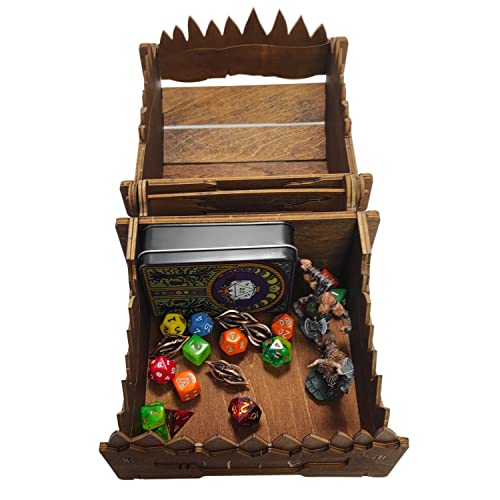 Mimic Chest for Dungeons and Dragons Tower with Tray Wood Laser Etched Cthulhu Portable and Collapsible Dice Roller Perfect for Board Game and Tabletop RPG