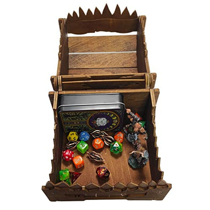 Mimic Chest for Dungeons and Dragons Tower with Tray Wood Laser Etched Cthulhu Portable and Collapsible Dice Roller Perfect for Board Game and Tabletop RPG