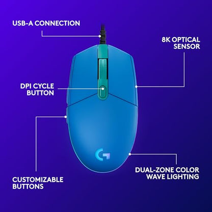 Logitech G203 Wired Gaming Mouse - Blue | LIGHTSYNC RGB, On-Board Memory, 6 Programmable Buttons, Compabile with PC/Mac - color: Blue