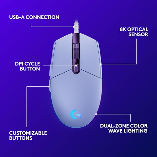Logitech G203 Wired Gaming Mouse - Lilac | LIGHTSYNC RGB, On-Board Memory, 6 Programmable Buttons, Compabile with PC/Mac - color: Lilac