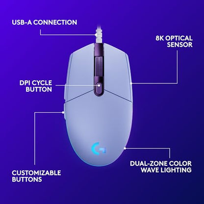 Logitech G203 Wired Gaming Mouse - Lilac | LIGHTSYNC RGB, On-Board Memory, 6 Programmable Buttons, Compabile with PC/Mac - color: Lilac