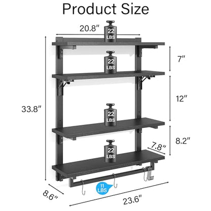 Spacesea Foldable Gaming Floating Shelves with Adjustable Shelf, 24 Inch Wall Mounted Shelves with Dynamic LED, 4 Tier Wall Mounted Shelves with Towel Bar & 8 Hooks, Cool Wall Display Rack