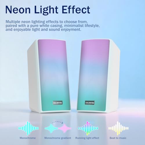 ColorFire White Computer Speakers, RGB PC Speakers, 52mm Full-Range Sound | Neon Lighting, USB, TF Card Modes, 3.5mm Microphone Input, Headphone Output