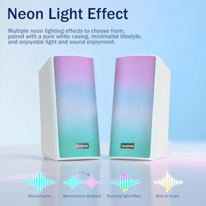 ColorFire White Computer Speakers, RGB PC Speakers, 52mm Full-Range Sound | Neon Lighting, USB, TF Card Modes, 3.5mm Microphone Input, Headphone Output