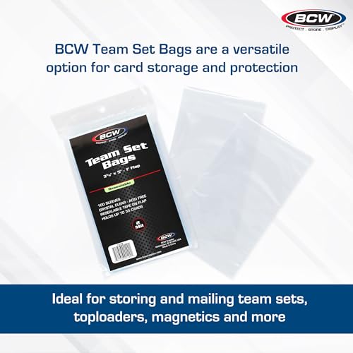 BCW Resealable Team Set Bags – 100 Count | Holds 35 Loose Cards or 5 Standard 35pt Toploaders | Fits Magnetics up to 108pt | Acid-Free Team Bags for Trading Cards & Shipping - size: 100 Pack