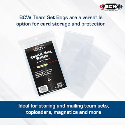 BCW Resealable Team Set Bags – 100 Count | Holds 35 Loose Cards or 5 Standard 35pt Toploaders | Fits Magnetics up to 108pt | Acid-Free Team Bags for Trading Cards & Shipping - size: 100 Pack