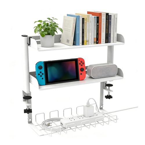 Clamp on Desk Shelf,3 Tier Desktop Organizer,Adjustable Clamp on Desk Top Organizer with Under Desk Hidden Storage Basket&Hooks,No Drilling Desk Clamp Storage Shelves for Working Gaming Accessories - color: White With Basket