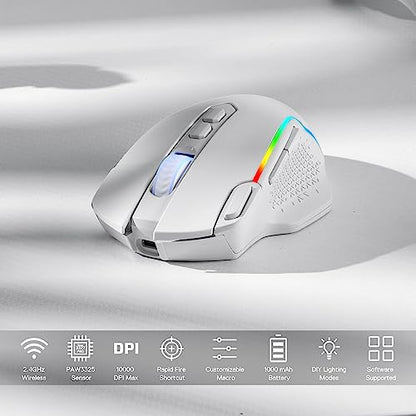 Redragon M810 PRO Wireless RGB Gaming Mouse 10000 DPI Remapping Keys | Cable-Free 0 Delay, Rapid-Fire Macro Keybinds, Vibing Backlight, Ergonomic Grip Body Comfort - color: White, style: M810 PRO