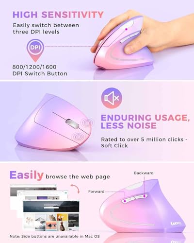 Lekvey Ergonomic Mouse, Vertical Wireless Mouse Rechargeable 2.4 GHz Optical Carpal Tunnel Mouse : 800/1200/1600 DPI, 6 Buttons, for Laptop, PC, Mac, Computer, Desktop, Notebook etc, Pink to Purple - color: Pink to Purple