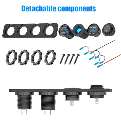 4 in 1-12V USB Outlet RV Accessories Marine Switch Panel Plug, PD3.0 and Dual QC3.0 Car USB Port Aluminum Charger, Lighted 150W Cigarette Lighter Socket, Blue LED Voltmeter and Toggle Switch DIY Kit - color: Charger+Socket+Voltmeter+Switch