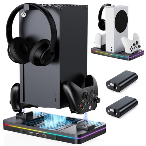 Cooling Fan Charging Stand for Xbox Series X/S Console, Vertical Dual Controller Charger Station Accessories with 2 X 1100mAh Rechargeable Battery, Fast Charging Station with 3 USB Ports&Headset Stand - size: Cooling Charging Stand + Battery Packs